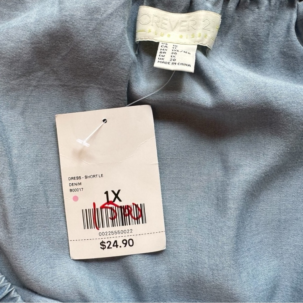 Forever 21+ Off-Shoulder Chambray Dress | Light Wash Denim Look | Size 1X | NWT - Picture 12 of 16